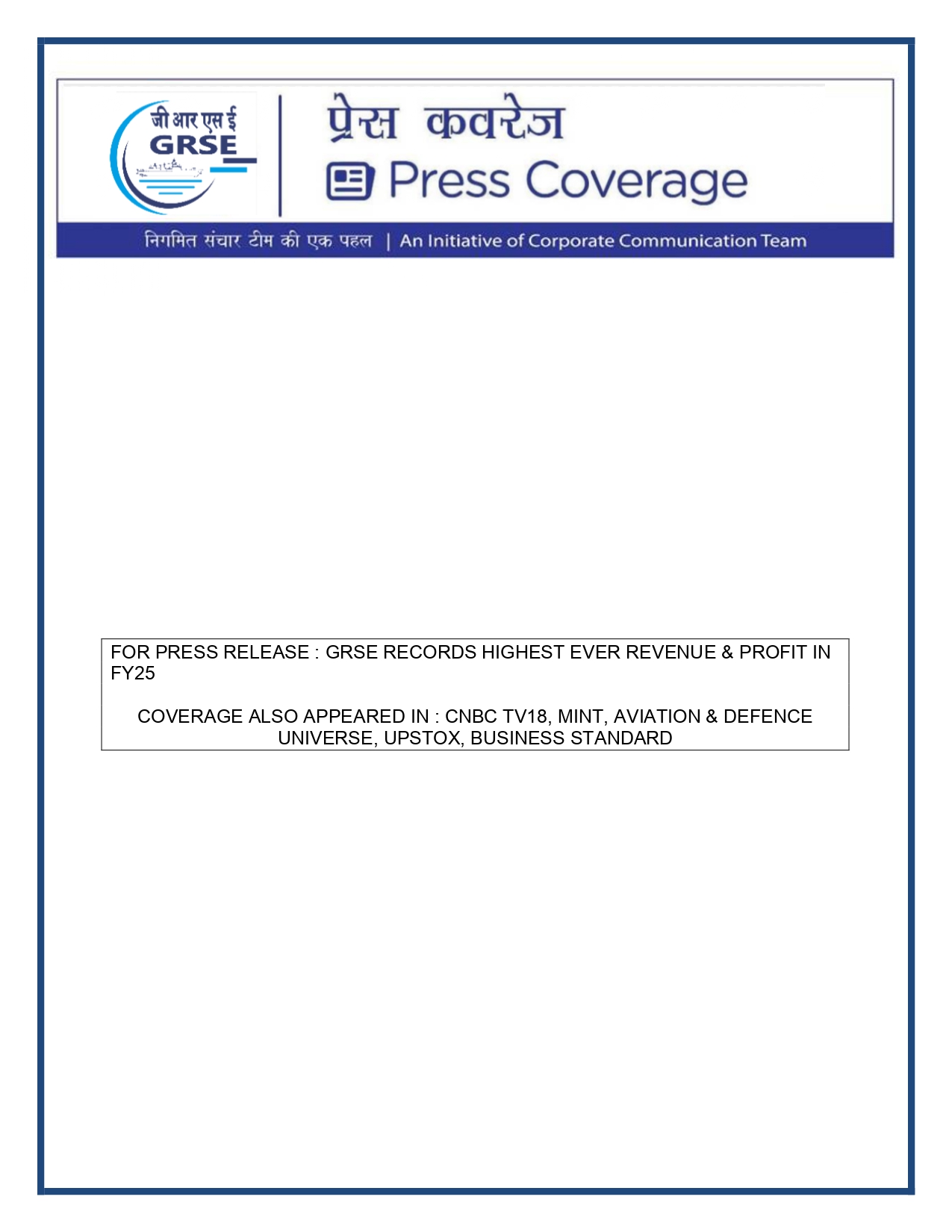 Press Coverage : CMD,GRSE conferred on CMA's Management Excellence Award 2025  